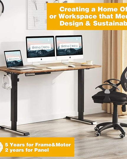 Motorized Stand Up Desk Adjustable Height, 55x24 Office Desk Memory Preset with Cable Management Tray and Side Hooks, Black Frame & Brown Desktop - LeafyLoom