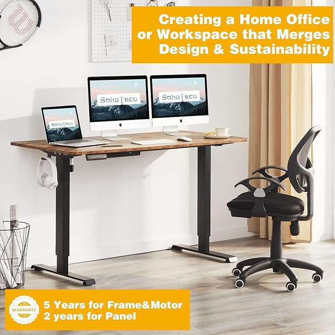 Motorized Stand Up Desk Adjustable Height, 55x24 Office Desk Memory Preset with Cable Management Tray and Side Hooks, Black Frame & Brown Desktop - LeafyLoom