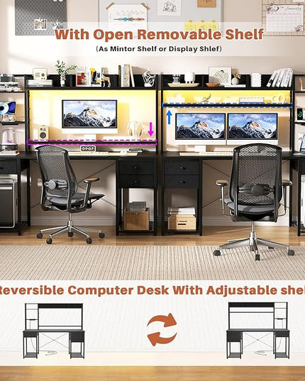 Aheaplus Desk with LED and Outlets, Gaming Desk with Hutch, 47.2'' Computer Desk with Drawers, Reversible Office Desk with Storage Bookshelf Large Workstation Desk with Shelf, Desk for Home, Black - LeafyLoom