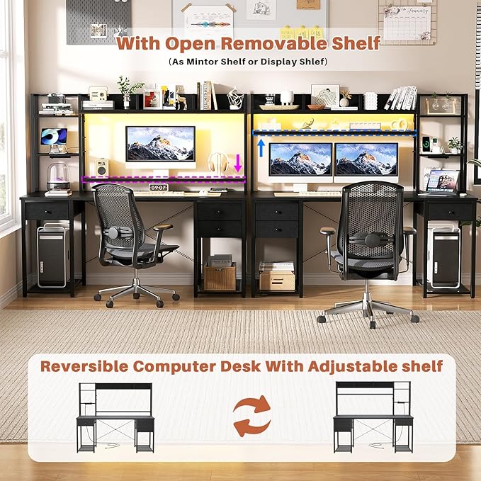 Aheaplus Desk with LED and Outlets, Gaming Desk with Hutch, 55.2'' Computer Desk with Drawers, Reversible office desk with storage bookshelf Large Workstation Desk with Shelf, Desk for Home, Black - LeafyLoom