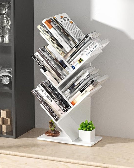 5 Tier Small Tree Bookshelf Desk Book Organizer Narrow Bookcases for Books Magazines CDs Free Standing Retro Wooden Storage Shelves for Home Office Bedroom Living Room White - LeafyLoom