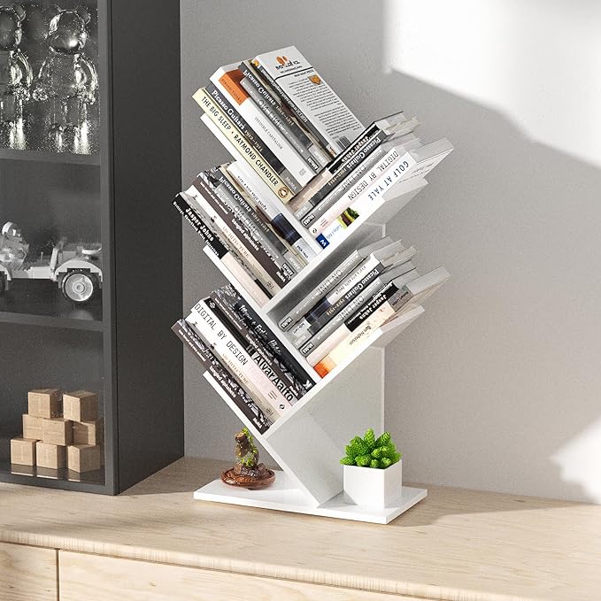 5 Tier Small Tree Bookshelf Desk Book Organizer Narrow Bookcases for Books Magazines CDs Free Standing Retro Wooden Storage Shelves for Home Office Bedroom Living Room White - LeafyLoom