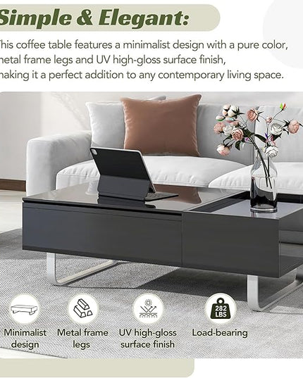 Lift Top Coffee Table, 45 Inch Contemporary Center Table with Drawer and Metal Frame Legs, High-Gloss Surface Coffee Tables for Living Room, Black - LeafyLoom