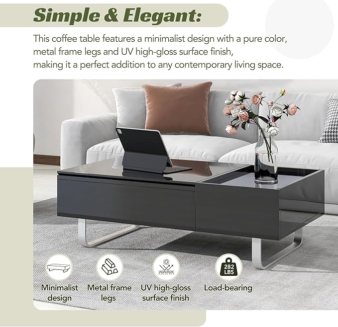 Lift Top Coffee Table, 45 Inch Contemporary Center Table with Drawer and Metal Frame Legs, High-Gloss Surface Coffee Tables for Living Room, Black - LeafyLoom