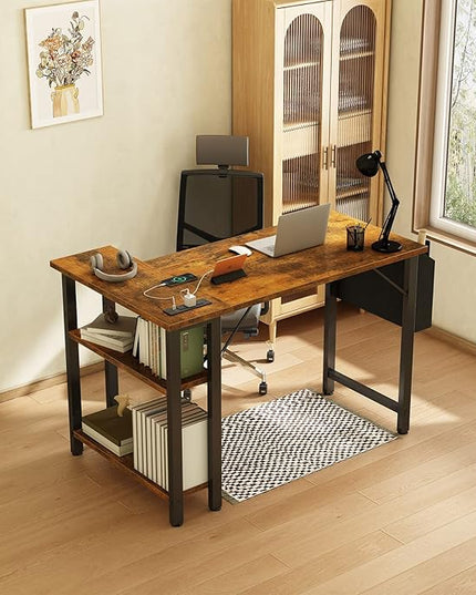 Lufeiya Small L Shaped Desk with Power Outlet Shelves, 40 Inch Corner Desk for Small Space Home Office, L-Shaped Computer Desk PC Desks with Charging Station, Rustic Brown - LeafyLoom