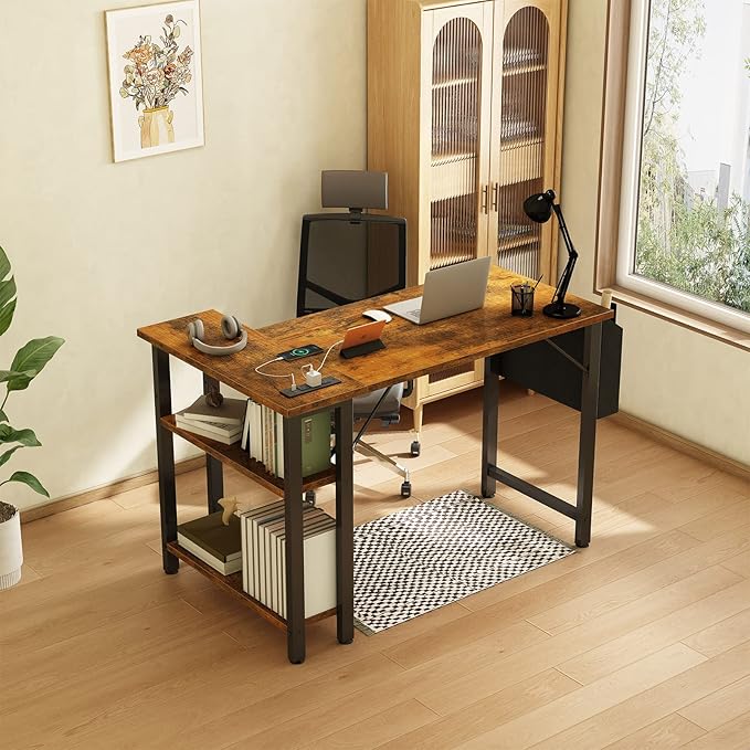 Lufeiya Small L Shaped Desk with Power Outlet Shelves, 40 Inch Corner Desk for Small Space Home Office, L-Shaped Computer Desk PC Desks with Charging Station, Rustic Brown - LeafyLoom