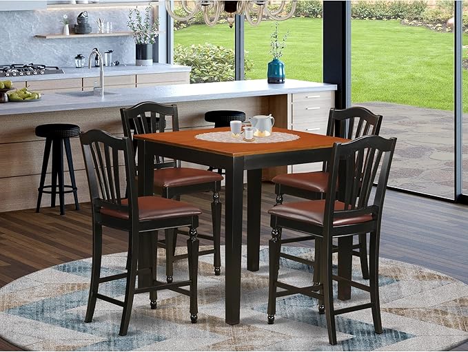 East West Furniture PBCH5-BLK-LC Pub 5 Piece Kitchen Counter Height Set Includes a Square Dining Room Table and 4 Faux Leather Upholstered Chairs, 36x36 Inch, Black & Cherry - LeafyLoom