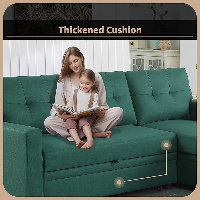 4-in-1 Modular Sofa Bed Pull Out Convertible Living Room Furniture Sets Upholstered, L Shaped Sectional Comfy Couch with Reversible Storage Chaise for Apartment, Studio, Office - Green - LeafyLoom