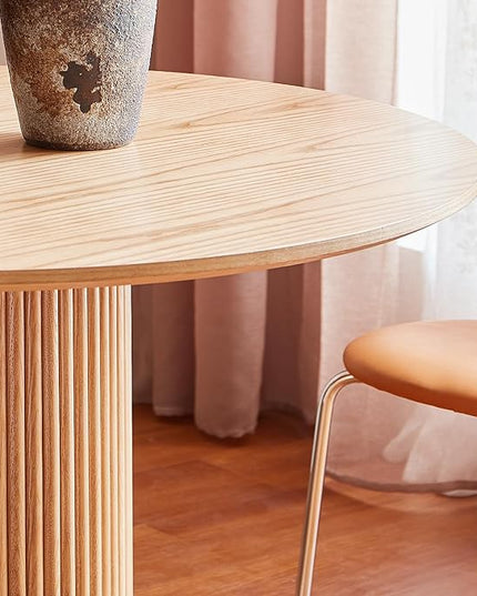Round Wood Dining Table，Wooden Trestle Pedestal Base on Stainless Steel Plate，Small Space Kitchen Table，34.25" Modern Circular Tabletop for Kitchen, Dining Room, Restaurant，Cafe (Natural) - LeafyLoom