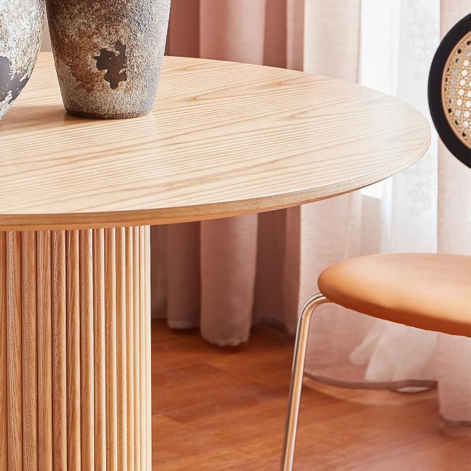Round Wood Dining Table，Wooden Trestle Pedestal Base on Stainless Steel Plate，Small Space Kitchen Table，34.25" Modern Circular Tabletop for Kitchen, Dining Room, Restaurant，Cafe (Natural) - LeafyLoom