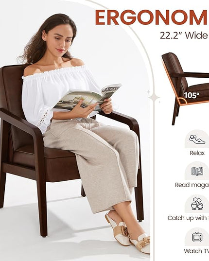 Yaheetech PU Leather Accent Chair, Mid-Century Modern Barrel Chair with Wooden Frame and Soft Thick Padded for Living Room Bedroom Home Office, Dark Brown - LeafyLoom