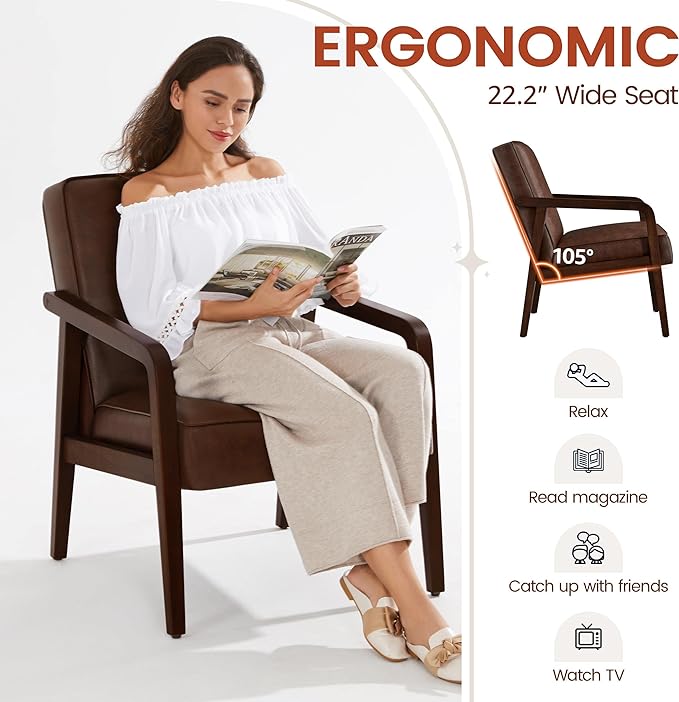 Yaheetech PU Leather Accent Chair, Mid-Century Modern Barrel Chair with Wooden Frame and Soft Thick Padded for Living Room Bedroom Home Office, Dark Brown - LeafyLoom
