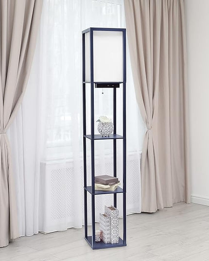 Simple Designs LF1037-NAV Floor Lamp Etagere Organizer Storage Shelf with 2 USB Charging Ports, 1 Charging Outlet and Linen Shade, Navy Blue - LeafyLoom