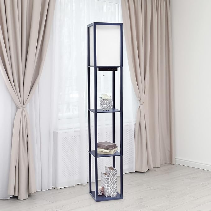 Simple Designs LF1037-NAV Floor Lamp Etagere Organizer Storage Shelf with 2 USB Charging Ports, 1 Charging Outlet and Linen Shade, Navy Blue - LeafyLoom
