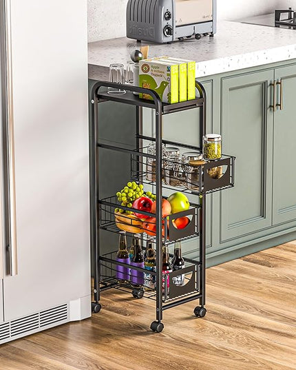 Slim Rolling Storage Cart Small Narrow Kitchen Metal Storage Cart with Lockable Wheels Slim Laundry Bathroom Storage Cart with Wooden top for Kitchen Laundry Narrow Places with Pull-Out Basket Black - LeafyLoom
