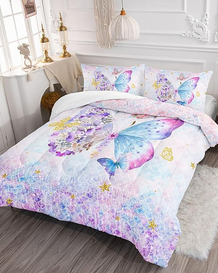 Datura home Butterfly Comforter Set Scales Butterfly Printed Quilt Bedding Set with 1 Comforter and 2 Pillowcases for Boys and Girls Bedroom All Season(Butterfly Scales Full) - LeafyLoom
