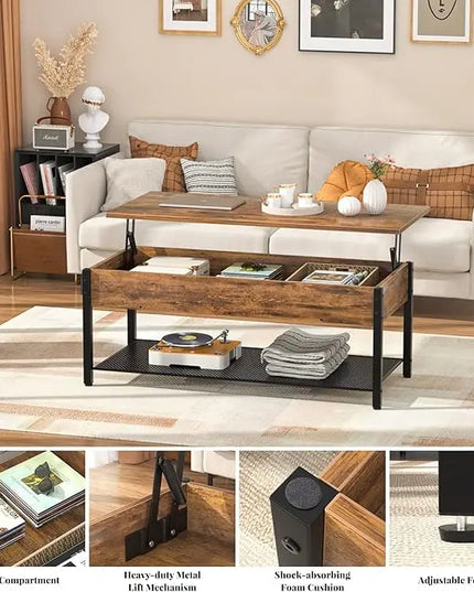 Homieasy Coffee Table, Lift Top Coffee Table with Storage Shelf and Hidden Compartment, Modern Lift Top Table for Living Room, Wood Lift Tabletop, Metal Frame - Rustic Brown - LeafyLoom