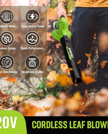 WORKPRO Cordless Leaf Blower, 20V Battery Powered Leaf Blower for Lawn Care, 2-Speed Control Lightweight Mini Electric Leaf Blower wih Battery and Charger - LeafyLoom