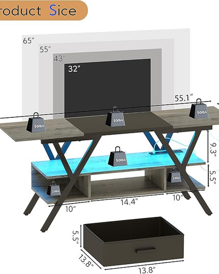 Yusong 65 inch LED TV Stand, Entertainment Center Gaming TV Table with Outlets, Up to 65" Media Console for Living Room, 29+DIY Dynamic RGB Modes, Greige and Black - LeafyLoom