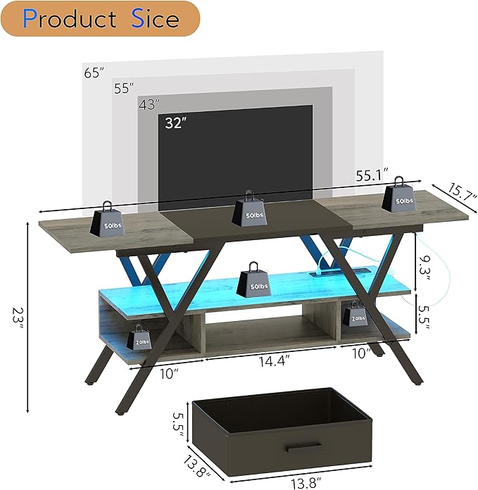 Yusong 65 inch LED TV Stand, Entertainment Center Gaming TV Table with Outlets, Up to 65" Media Console for Living Room, 29+DIY Dynamic RGB Modes, Greige and Black - LeafyLoom