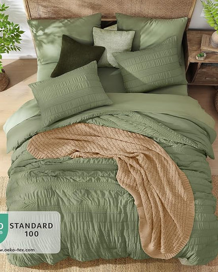 CASAAGUSTO Queen Comforter Set, 7 Pieces Olive Green Seersucker Bed in a Bag Queen Size Soft All Seasons, Bedding Sets with Comforter, Flat Sheet, Fitted Sheet, 2 Pillow Shams, 2 Pillowcases - LeafyLoom