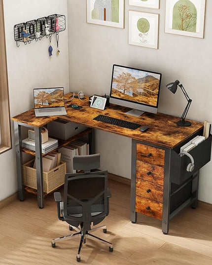 Lufeiya L Shaped Desk with Drawers & Storage Shelves, 47 Inch Corner Computer Desk with Power Outlet for Home Office Bedroom, L-Shaped Gaming PC Desks with Fabric Drawer, Rustic Brown - LeafyLoom