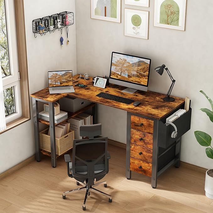 Lufeiya L Shaped Desk with Drawers & Storage Shelves, 47 Inch Corner Computer Desk with Power Outlet for Home Office Bedroom, L-Shaped Gaming PC Desks with Fabric Drawer, Rustic Brown - LeafyLoom