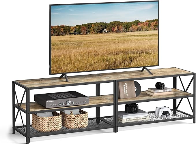 VASAGLE TV Stand, TV Console for TVs Up to 75 Inches, TV Table, 70.1 Inches Width, TV Cabinet with Storage Shelves, Steel Frame, for Living Room, Bedroom, Turquoise Brown and Black ULTV096B60 - LeafyLoom