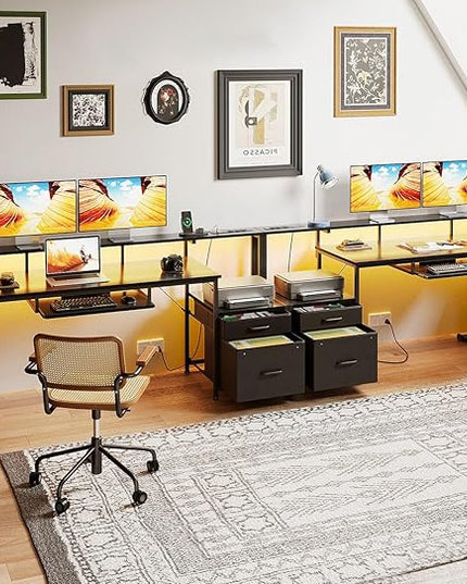 AODK 63 Inch Gaming Desk with Power Outlet & LED Light, Reversible Computer Desk with File Cabinet and Fabric Drawer, Office Desk with Keyboard Tray, Table with Full Monitor Riser and PC Stand, Black - LeafyLoom