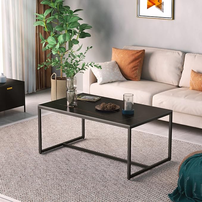Wisfor Sintered Stone Coffee Table: Black Sofa Center Table with Black Metal Frame - Rectangular Furniture Decor Table for Living Room, 39.4x23.6x15.7 Inch - LeafyLoom