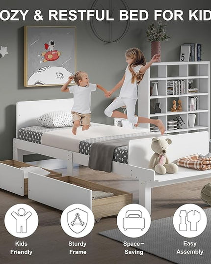 Dolonm Twin Bed Frames for Kids with 2 Drawers, Storage Platform Bed with Footboard Bench, Twin Kids Bed Headboard Frame Pine Wood, High Stable, No Box Spring Needed, Twin Bed for Kids, White - LeafyLoom