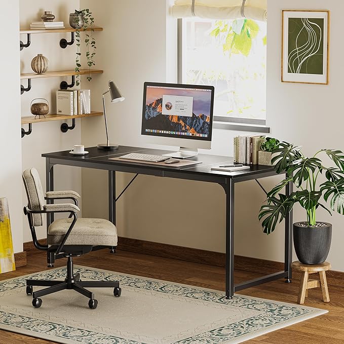 Computer Desk, 63 Inch Office Desk, Gaming Desk with Storage, Writing Desk Work Desk for Home Office, Study, Modern Simple Desk, Large Legroom, Metal Frame, Black - LeafyLoom