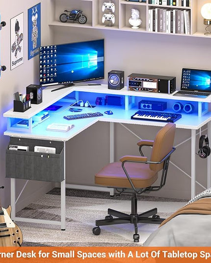 armocity L Shaped Computer Desk with Power Outlets, 40 Inch Small Gaming Desk L Shaped with LED Lights, Corner L Desk with Storage Shelves for Bedroom, Small Spaces, White - LeafyLoom