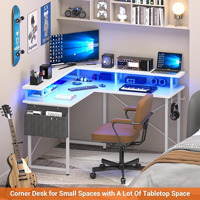 armocity L Shaped Computer Desk with Power Outlets, 40 Inch Small Gaming Desk L Shaped with LED Lights, Corner L Desk with Storage Shelves for Bedroom, Small Spaces, White - LeafyLoom