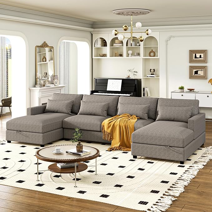 UBGO Modular Sectiona Oversized, Living Room Furniture Sets, couches with 2 Chaise w/Storage 4 Lumbar Support Pillows Space Dorm Apartment-Gray, 128.3" Large U-Shape Sectional Sofa, Grey a - LeafyLoom