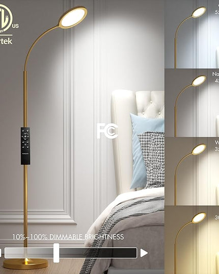 Gold Floor Lamp,Super Bright Dimmable LED Floor Lamps for Living Room, Custom Color Temperature Standing Lamp with Remote Push Button, Adjustable Gooseneck Reading Floor Lamp for Bedroom Office - LeafyLoom