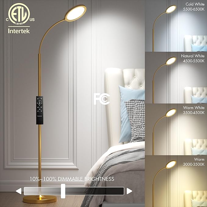 Gold Floor Lamp,Super Bright Dimmable LED Floor Lamps for Living Room, Custom Color Temperature Standing Lamp with Remote Push Button, Adjustable Gooseneck Reading Floor Lamp for Bedroom Office - LeafyLoom