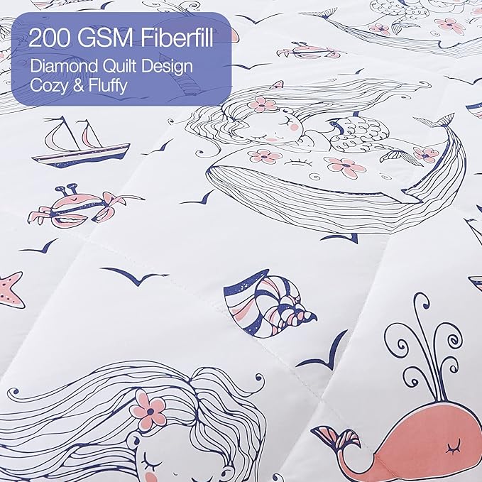 JSD Girls Mermaid Twin Comforter Set for Girls, 2 Piece Kids Printed Comforter with Pillow Sham, Soft Comfortable Machine Washable - LeafyLoom