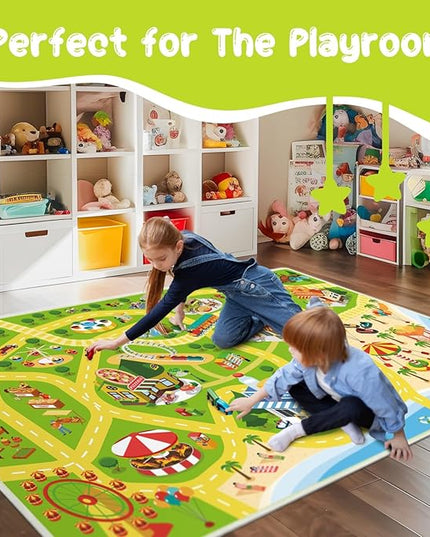 Kids Carpet Car Rug Play Mat for Playroom - 63"x 94" Non Slip Washable Kids Road Rug for Kids- Kids Educational Rug Ideal Gift for Toddler Classroom Boys Girls Bedroom Decor(Green) - LeafyLoom