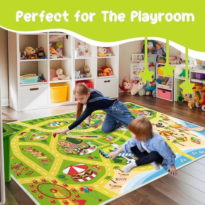 Kids Carpet Car Rug Play Mat for Playroom - 63"x 94" Non Slip Washable Kids Road Rug for Kids- Kids Educational Rug Ideal Gift for Toddler Classroom Boys Girls Bedroom Decor(Green) - LeafyLoom