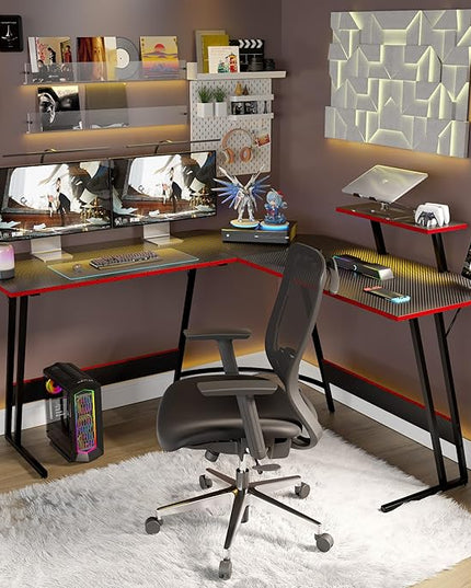 L Shaped Gaming Desk, 66 Inch Computer Corner Table with Large Monitor Stand & Carbon Fiber Surface for Home Office Study Writing Workstation, Black - LeafyLoom