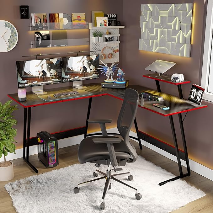 L Shaped Gaming Desk, 66 Inch Computer Corner Table with Large Monitor Stand & Carbon Fiber Surface for Home Office Study Writing Workstation, Black - LeafyLoom