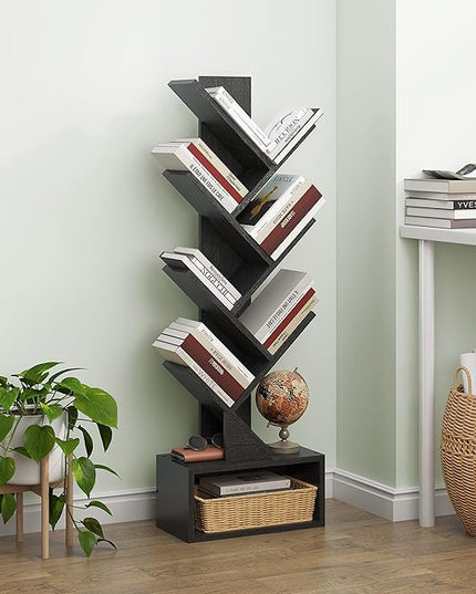 Hoctieon 6 Tier Tree Bookshelf, Tall Bookcase with Drawer, Freestanding Book shelf, Display Floor Standing Storage Shelf, Book Organizer Shelves for Home Office, Living Room, Bedroom, Black - LeafyLoom