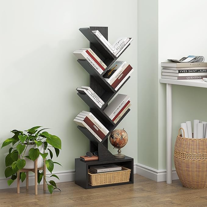 Hoctieon 6 Tier Tree Bookshelf, Tall Bookcase with Drawer, Freestanding Book shelf, Display Floor Standing Storage Shelf, Book Organizer Shelves for Home Office, Living Room, Bedroom, Black - LeafyLoom