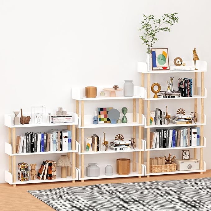 3-Tier Wooden Bookshelf, Modern Open Bookcase with Top Edge and Solid Wood Frame, Freestanding Bookshelf Storage Organizer for Home Office Living Room - LeafyLoom