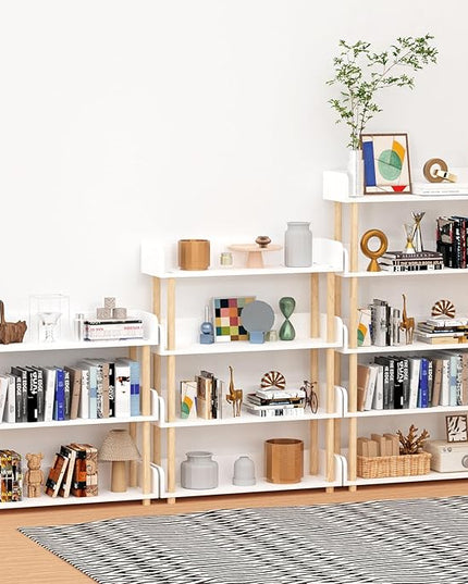 4-Tier Wooden Bookshelf, Modern Open Bookcase with Top Edge and Solid Wood Frame, Freestanding Bookshelf Storage Organizer for Home Office Living Room - LeafyLoom