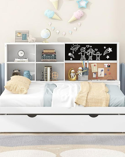 Wooden Full Size Daybed with Twin Trundle, USB Ports, Storage Shelves, Blackboard, Cork board, White - LeafyLoom