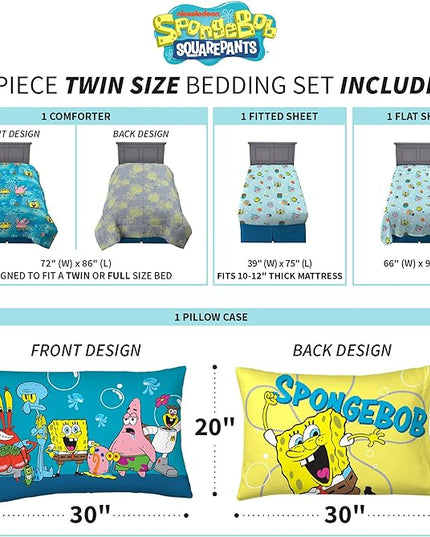 Franco Kids Bedding Super Soft Comforter and Sheet Set, 4 Piece Twin Size, Spongebob - LeafyLoom