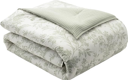Laura Ashley Home - King Size Comforter Set, Reversible Cotton Bedding, Includes Matching Shams with Bonus Euro Shams & Throw Pillows (Natalie Sage/Off White, King) - LeafyLoom