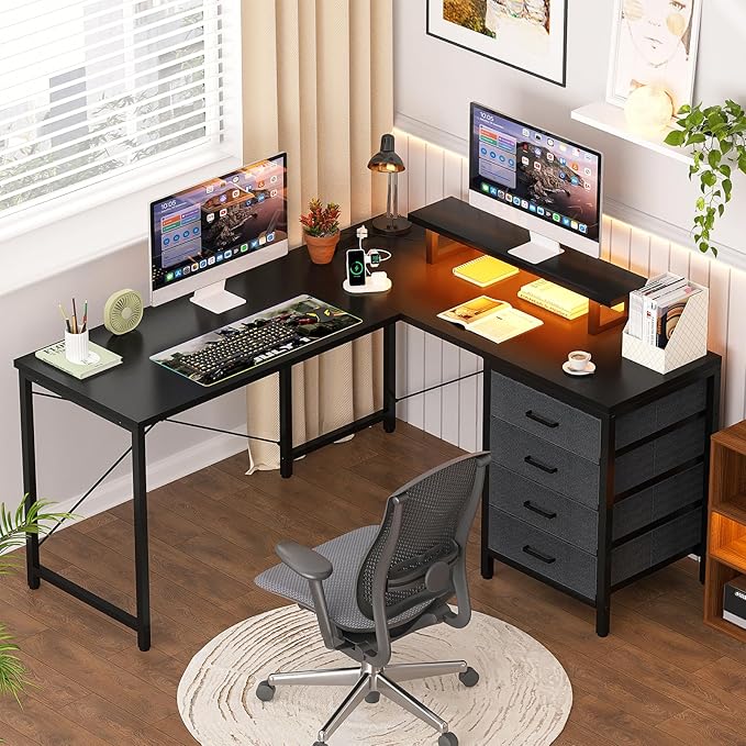 Homieasy L Shaped Desk with Drawers & Power Outlets, Reversible Computer Desk with LED Light and Monitor Stand, 50 Inch Home Office Gaming Work Study Desk with 4 Storage Drawers, Black - LeafyLoom